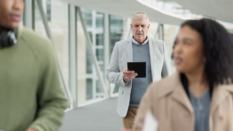 tablet, walking and senior businessman