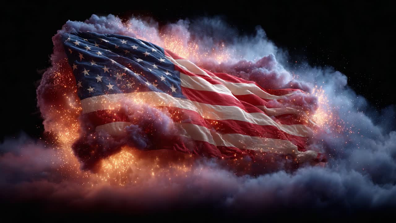 An Explosive Display of Patriotism: The American Flag Surrounded by Vibrant Clouds and Fiery Sparks, Symbolizing Strength and Resilience Amidst Turmoil