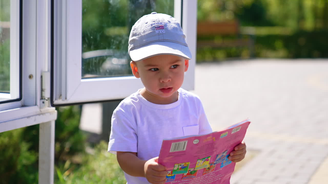 Happy Toddler Reading a Book Outdoors