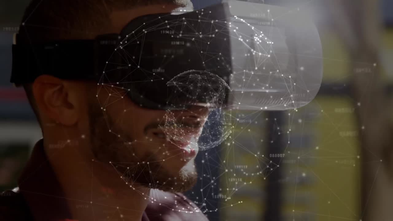 Animation of data processing over biracial man using vr headset
