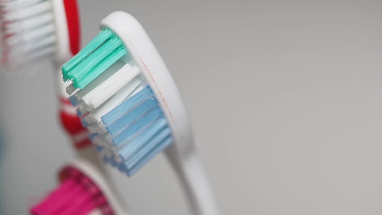 Close-up of colorful toothbrushes