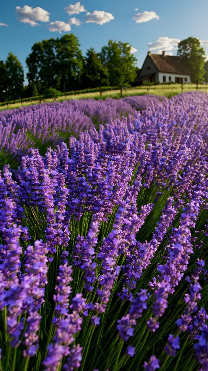 A low-angle shot of a vibrant lavender field leading to a rustic house under a blue sky, perfect