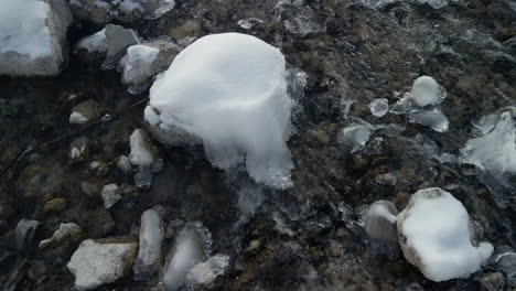 avión no tripulado sobrevolando un bioma congelado con agua corriente en un arroyo: paisaje frío con hielo y nieve derritiéndose
