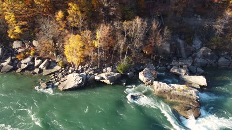 a stunning turquoise river rushes past an autumn forest on a rocky hill, showcasing the beauty and power of nature