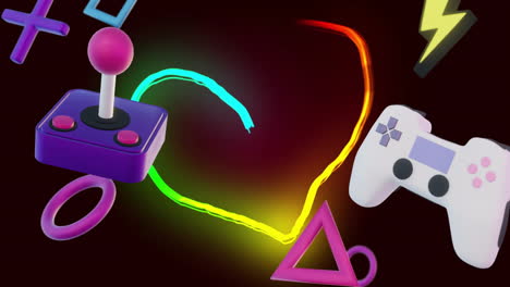 animation of game controllers and interface devices over coloured light heart on black background