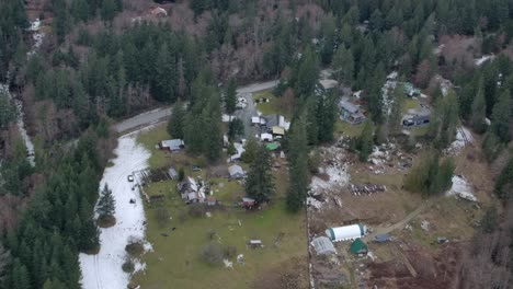 cobertizos y edificios improvisados esparcidos en el espacio abierto en el bosque aéreo