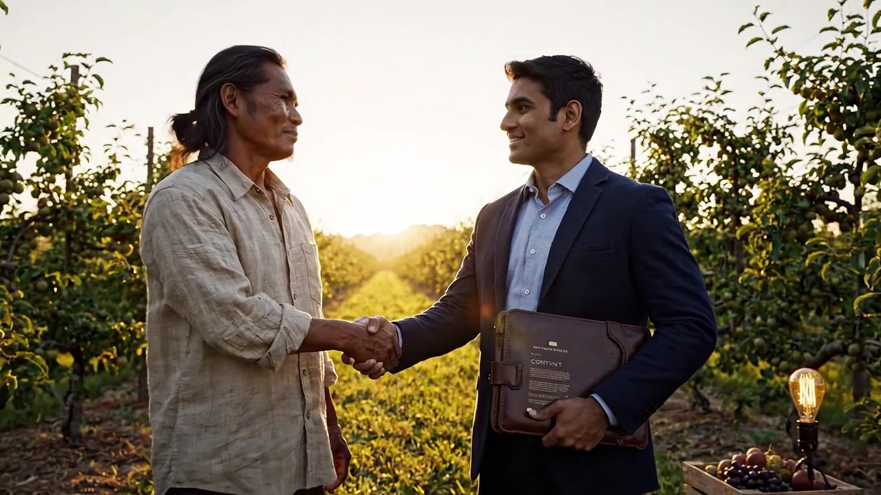 Due individui si stringono la mano e discutono in un vigneto illuminato dal sole, simboleggiando partnership e cooperazione nell'agricoltura e negli affari.
