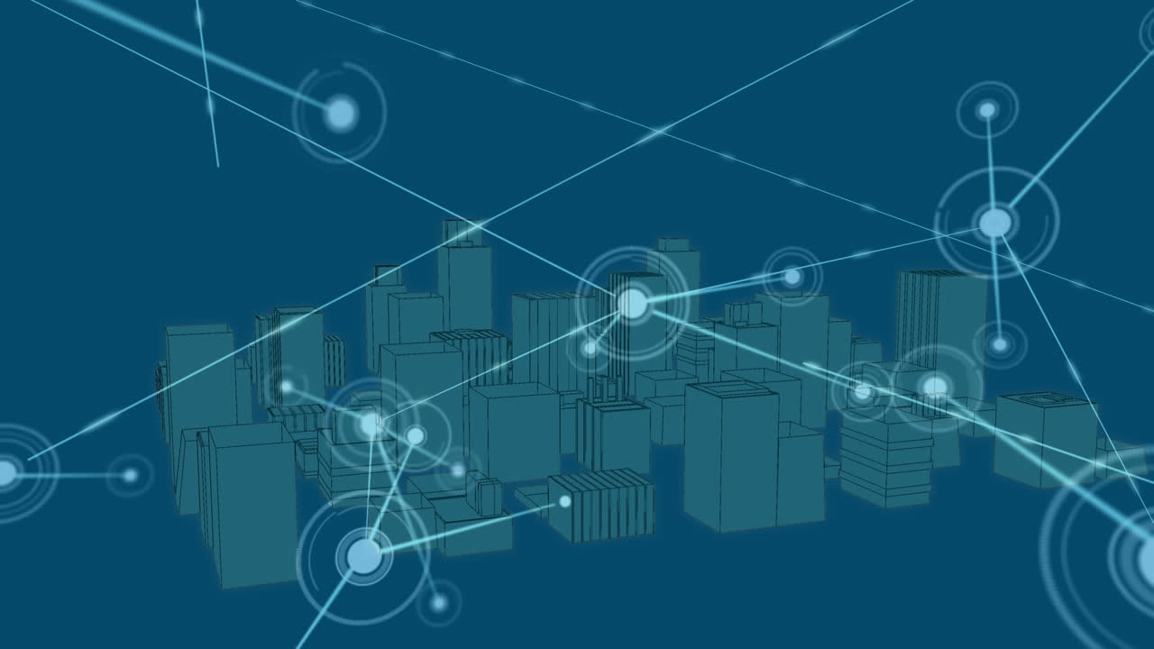 Animation of network of connections and data processing over city on blue background