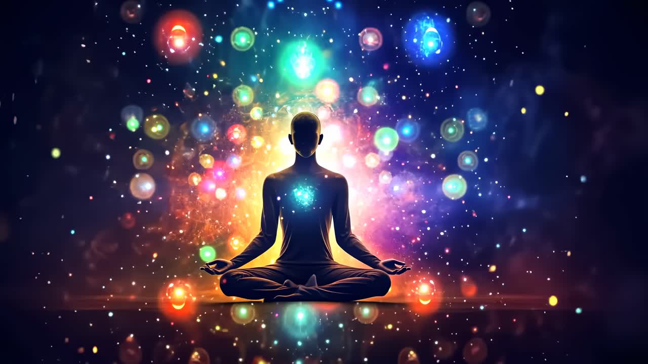 A mystical video concept showing a silhouette meditating with colorful orbs surrounding