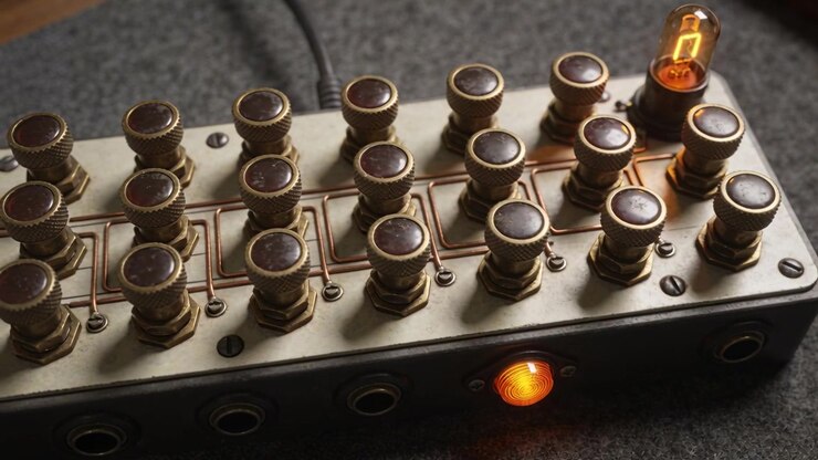 Panning camera revealing device resting on gray felt, showing brass posts, glow tube, orange lamp