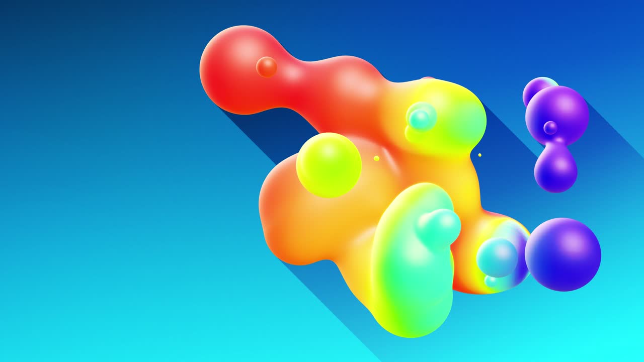 multi-colored balls or bubbles with popular gradient colors and in subsurface glow material fly in the air merge like drops metaballs, spheres casting long shadows. 4k seamless looped background 3