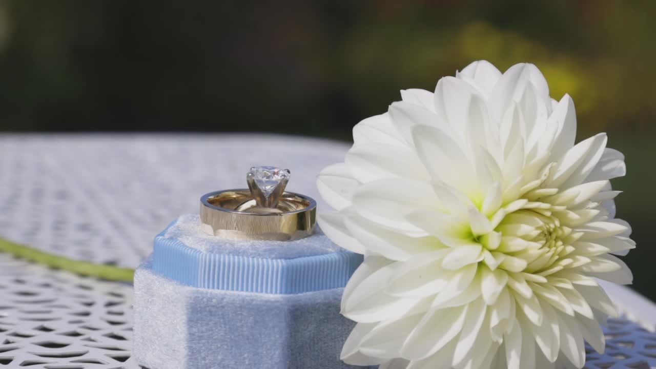 Wedding flower set next to wedding ring