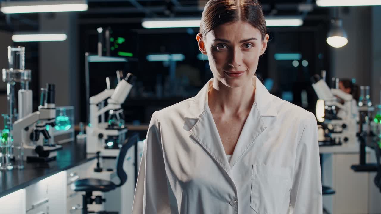 retrato de una mujer científica sonriente de pie en un moderno laboratorio de investigación, mirando con confianza a la cámara, rodeada de equipos científicos avanzados