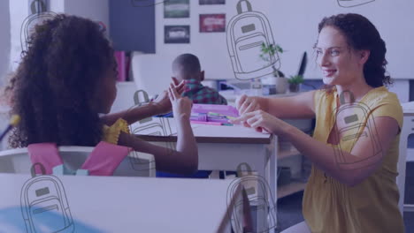 Animation-of-backpack-icons-over-diverse-schoolgirl-and-female-teacher-using-sign-language