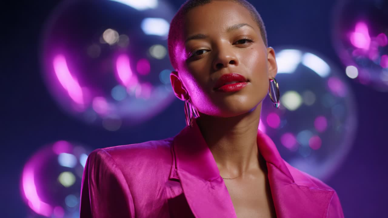 Stylish woman with red lipstick and pink blazer