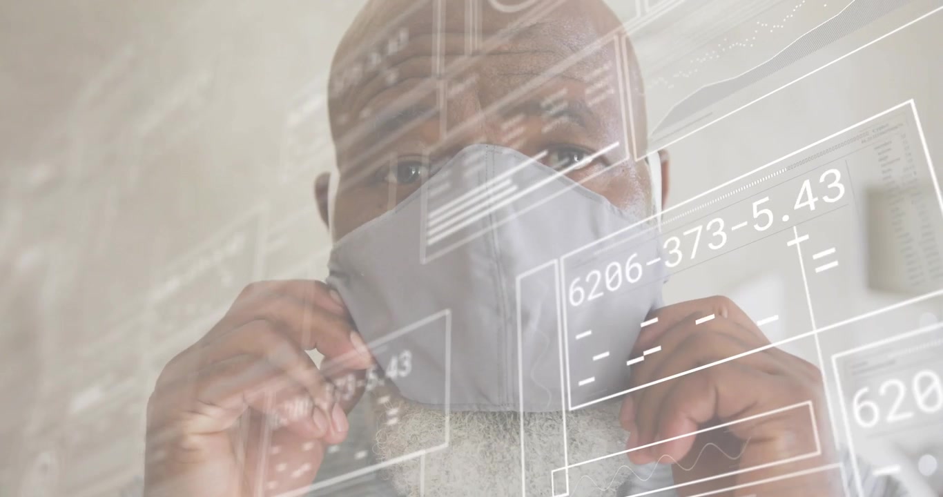 Man grabbing mask, looping behind ears and smoothing edges ensuring fit as health overlay receding