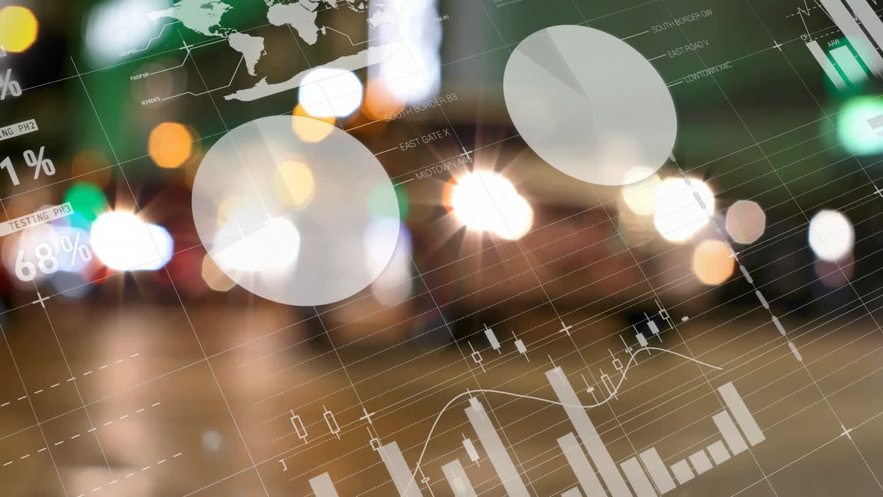 gráficos y gráficos financieros animación sobre luces borrosas de la ciudad fondo