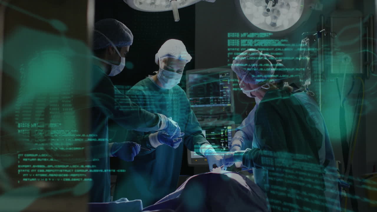 Surgeons performing operation with medical data processing animation over scene