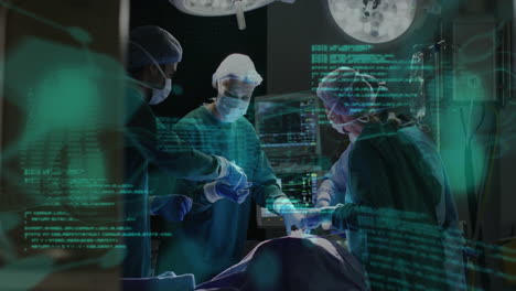 surgeons performing operation with medical data processing animation over scene