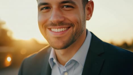 hombre de negocios en traje sonriendo al aire libre contra un telón de fondo de un sol poniente, irradiando confianza y éxito