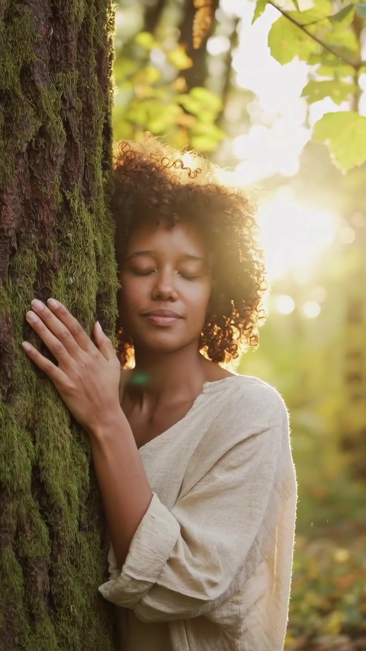 Donna serena che abbraccia un albero coperto di muschio nella luce dorata del sole della foresta