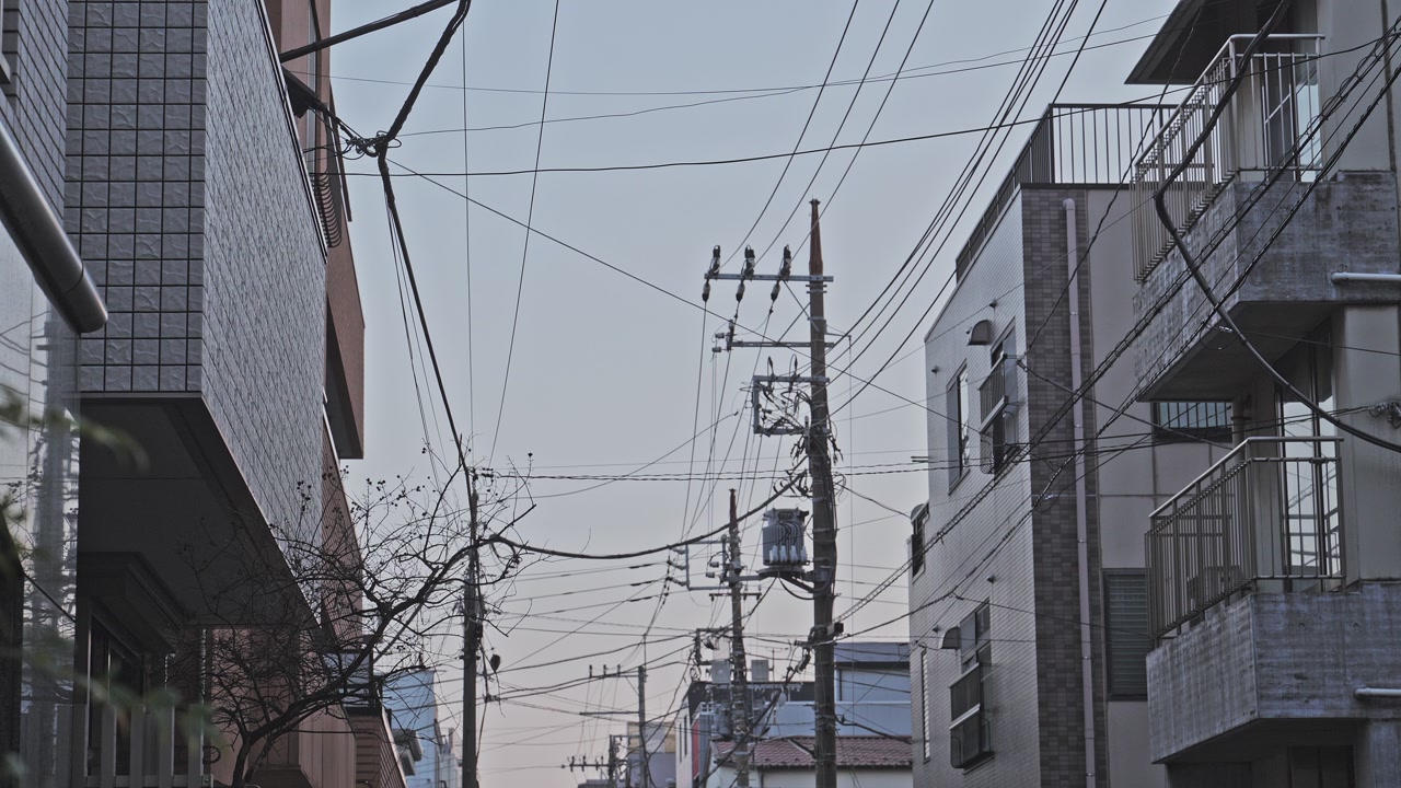A slow tilt up reveals a maze of overhead cables and transformers connecting modern houses under a clear twilight sky.