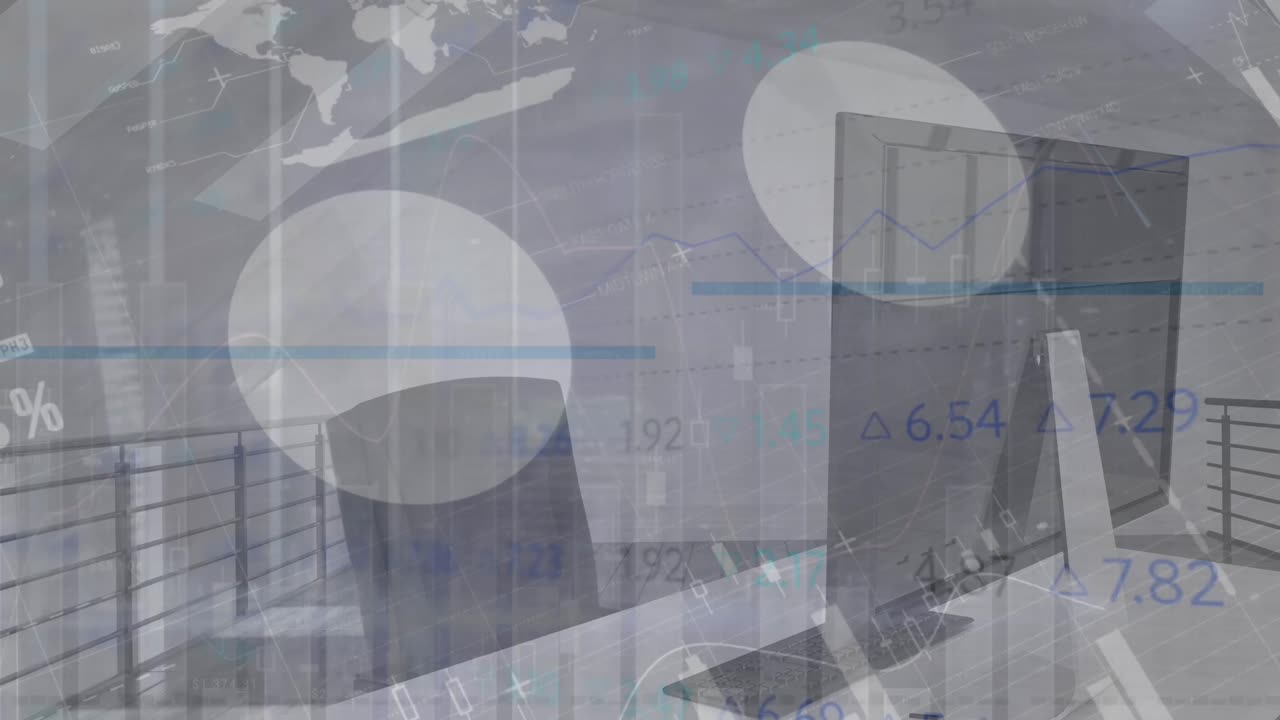 Animación de procesamiento de datos estadísticos frente a un escritorio de oficina.