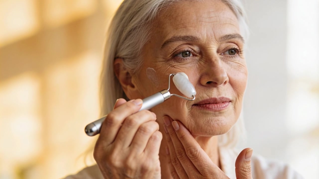 Donna anziana in accappatoio che si massaggia la crema sulla guancia con un rullo bianco assorbente alla toeletta di casa.