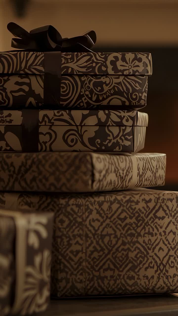 Vertical video: Camera showing four patterned gift boxes with ribbon bow on wood table at home