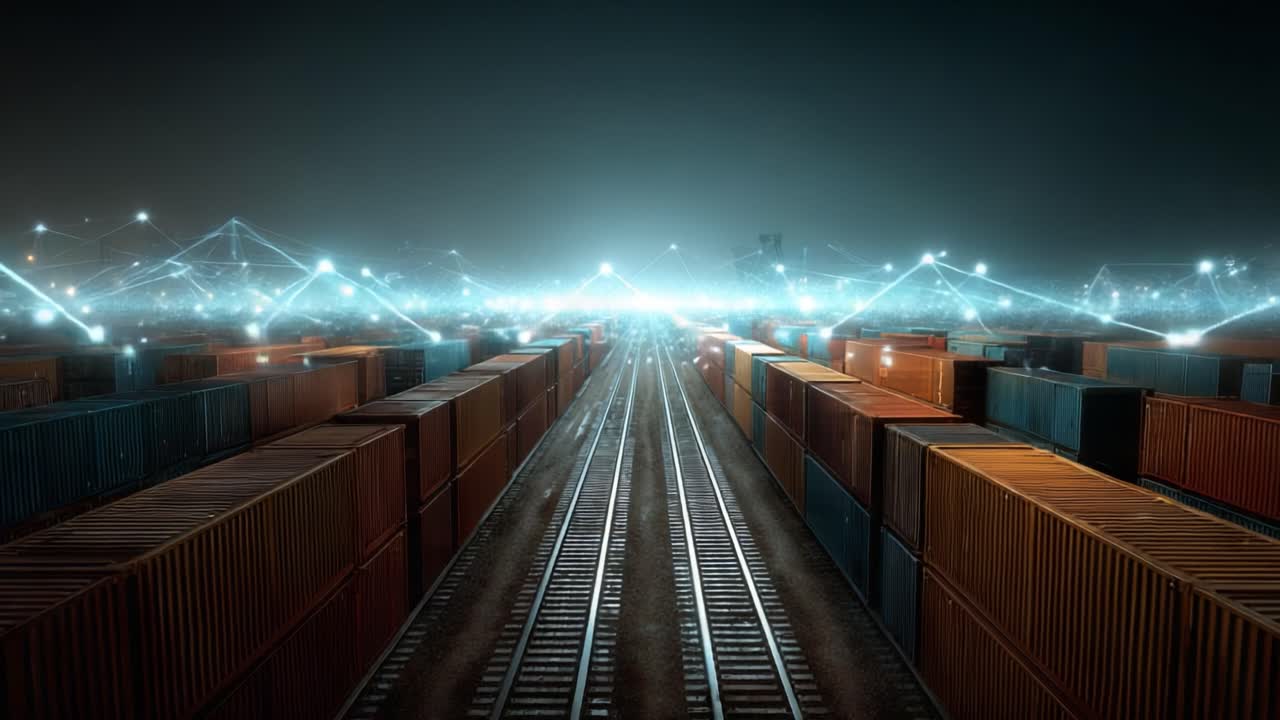 Aerial view of a modern cargo yard illuminated at night, showcasing rows of shipping containers alongside railway tracks, emphasizing logistics and transportation efficiency