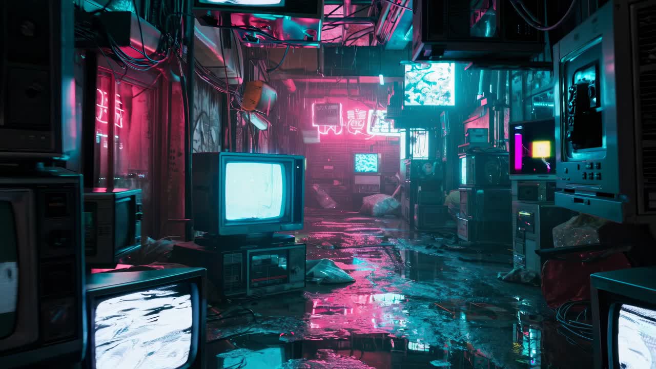 Cyberpunk alley with vintage TVs displaying static