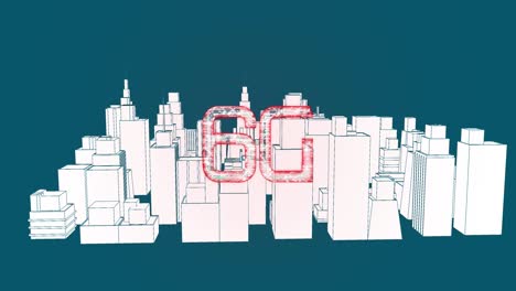 animación de texto de 6g sobre modelo de paisaje urbano en 3d girando sobre fondo azul