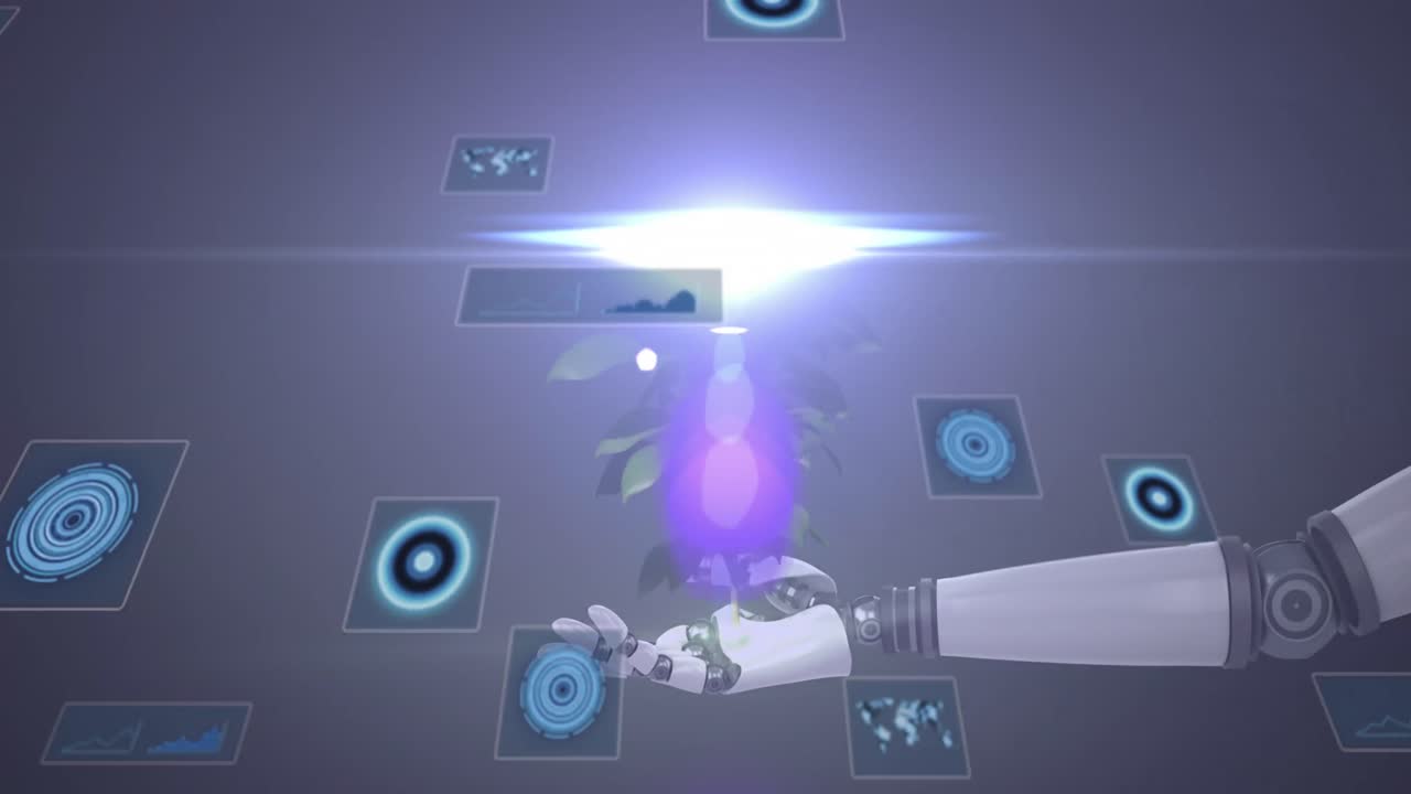 검은색 배경에 데이터 처리를 통해 로 ⁇  팔을 잡는 플랜트의 애니메이션