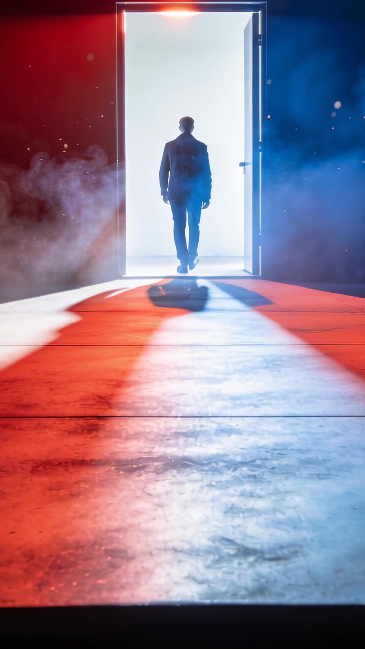 Video verticale: Uomo in abito scuro che cammina verso una porta sul palco, con una retroilluminazione bianca che lo evidenzia.