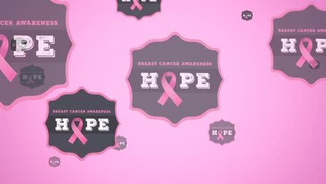 Animación-De-Múltiples-Logotipos-De-Cintas-Rosas-Y-Texto-Sobre-Cáncer-De-Mama-Volando-Sobre-Fondo-Rosa