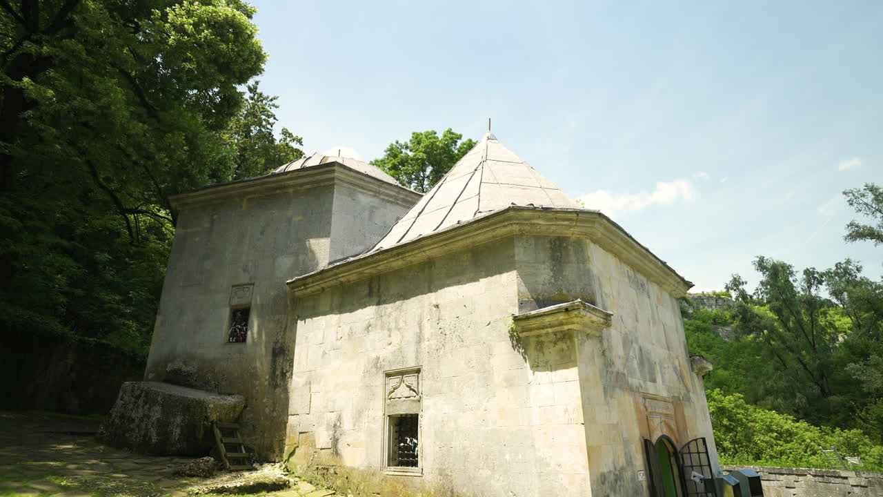 Front view of the Mausoleum of Alevian saint Demir Baba Teke, an archaeological site in the municipality of Isperih, in Razgrad province, Bulgaria.