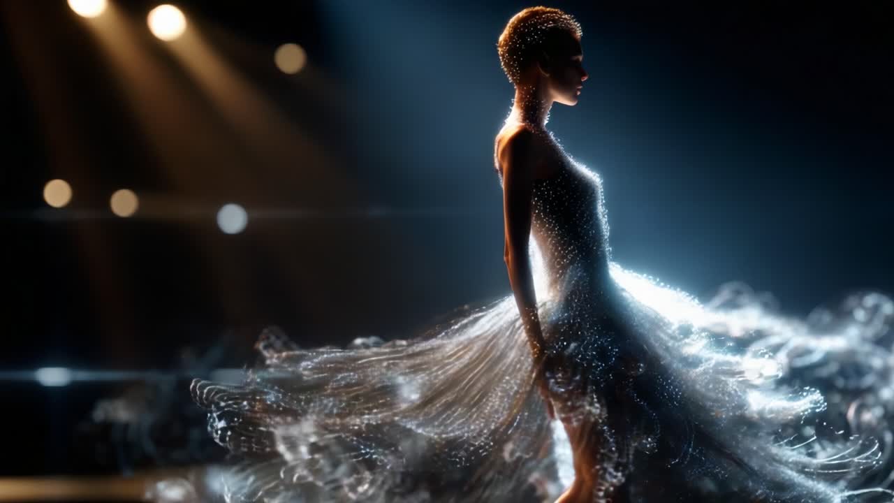 Eterisk natteforestilling med en danser i en glitrende kjole, omgivet af fantastiske lyseffekter og en gådefuld atmosfære, der indfanger essensen af elegance og bevægelse