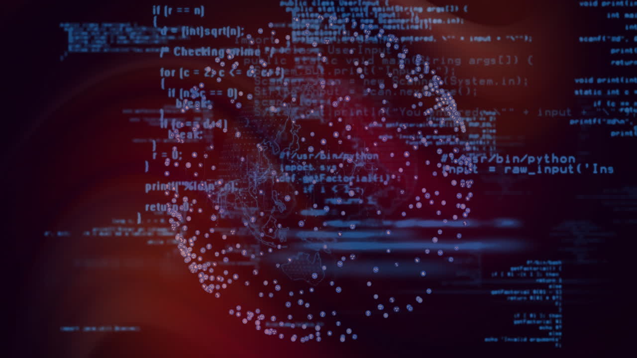 Digital globe with data points and coding animation over dark red background
