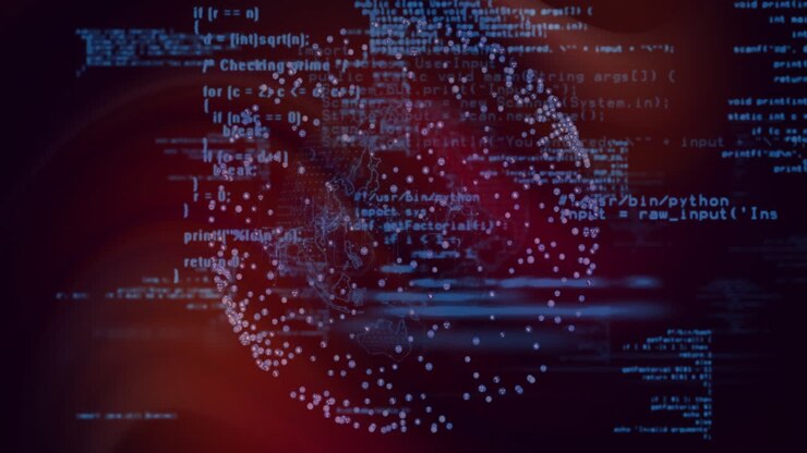 Digital globe with data points and coding animation over dark red background