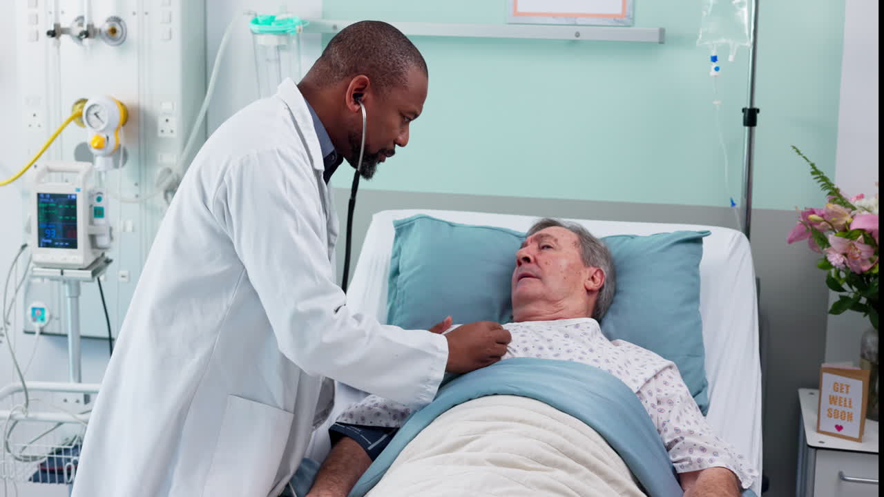 Senior man, doctor and hospital bed with patient