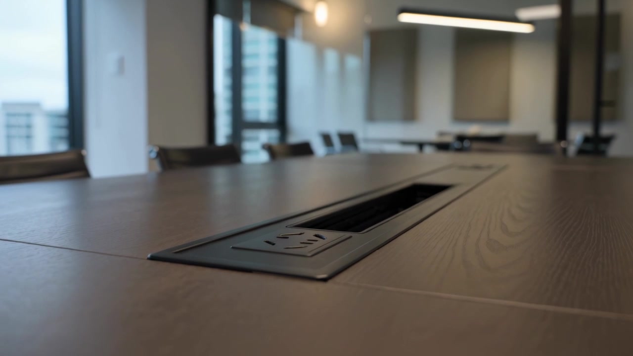 Opening pop-up power module on long wooden table in office high-rise, motor revealing outlet