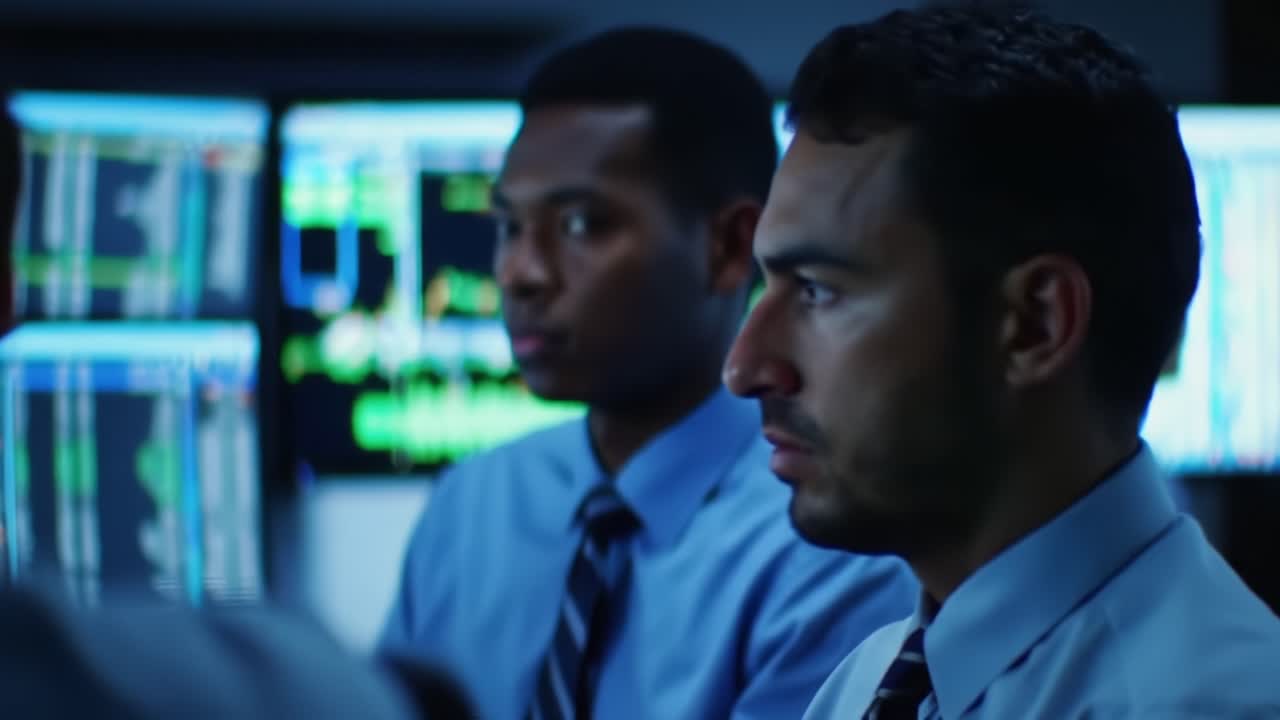 Focused Analysts Analyzing Data and Market Trends in a Tech-Savvy Trading Room During Late Hours of Work, Featuring Multiple Screens Displaying Financial Information