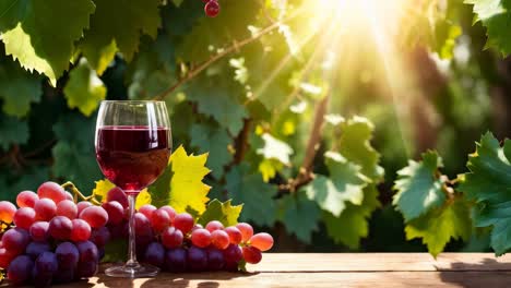 a glass of red wine and a bunch of grapes on a wooden table