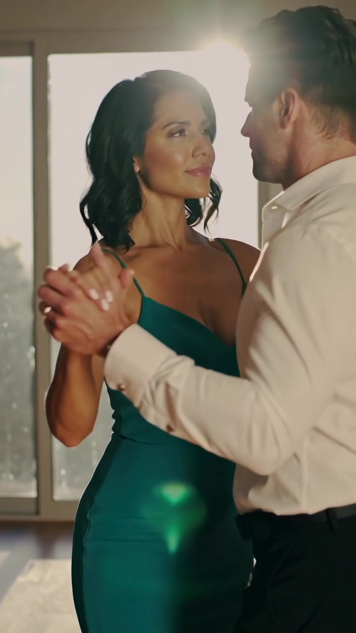 Video verticale: Uomo che stringe la presa e guida una donna in un ballo lento vicino a grandi finestre, lei indossa un vestito color ottanio.