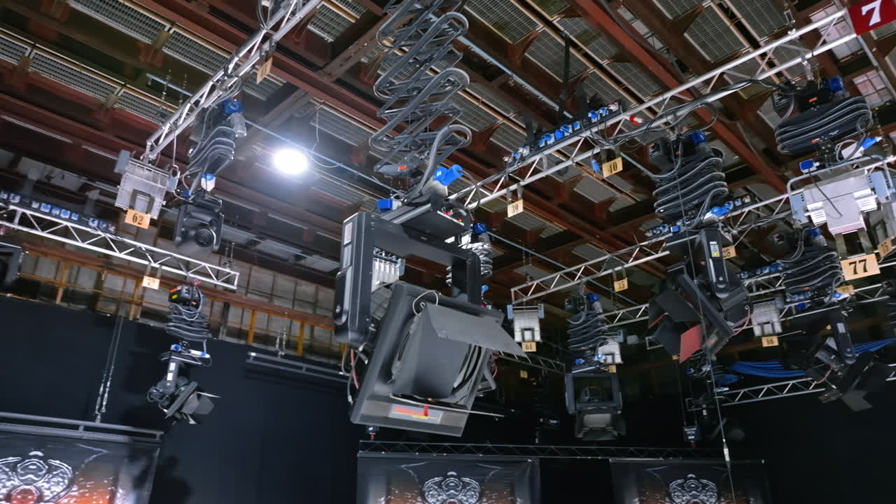 Studio lights equipment on the ceiling of a TV set