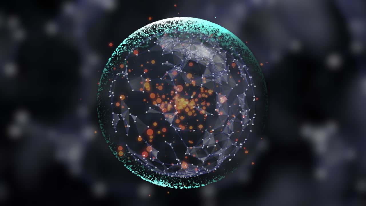 불타는 반이는 입자와 마법의 먼지가 은 배경 위에 내부로 변동하는 투명한 지구를 떠다니고 있습니다.