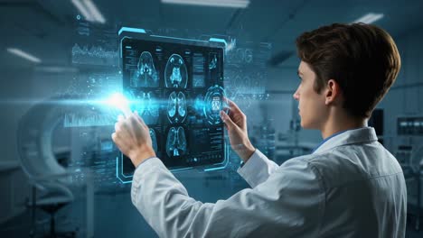 a medical professional analyzing advanced brain imaging diagnostics on a high-tech display in a modern laboratory setting