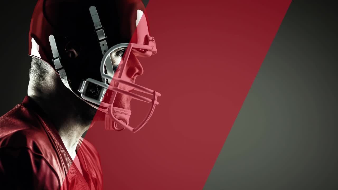 animación de una franja roja diagonal que se mueve sobre un jugador de fútbol americano masculino, sobre un fondo gris