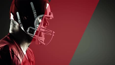 animation of diagonal red stripe moving over male american football player, on grey background