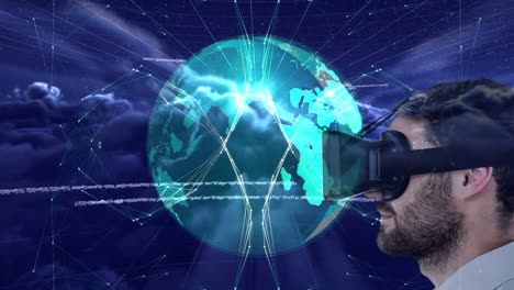 animation of globe, data processing over man wearing vr headset on sky with clouds